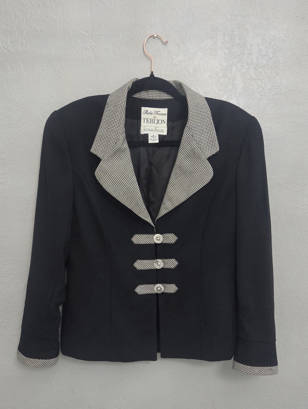 VTG Rickie Freeman Teri Jon Neiman Marcus Wool Blazer 6 Made in USA Houndstooth